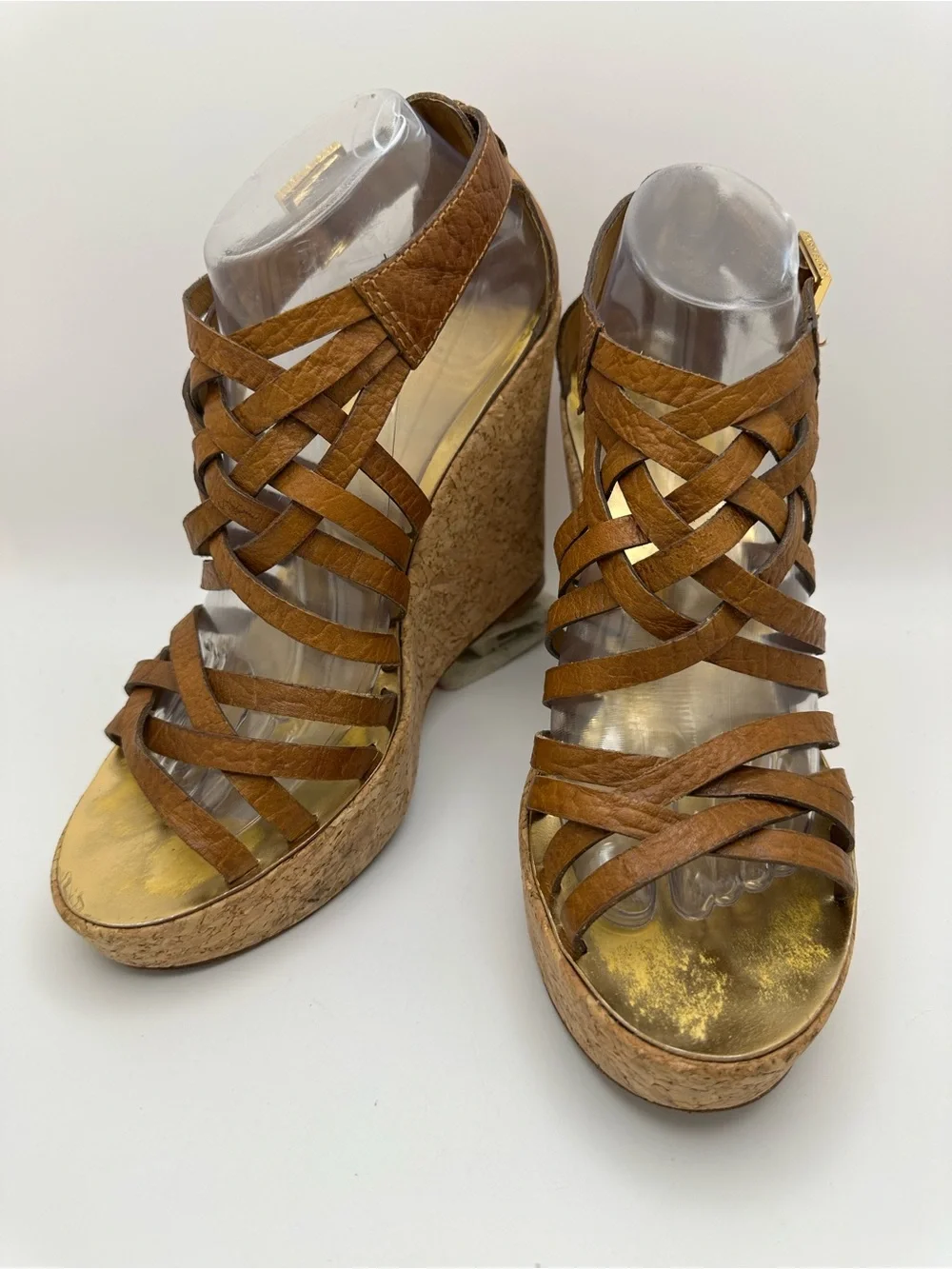 Tory Burch Tan Woven Leather Cork Platform Wedge Sandals Size 9M